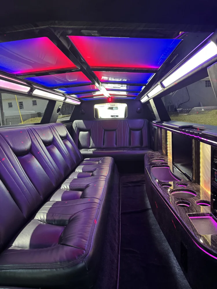 Chrysler Luxury Stretch Limousine Interior | Charlotte NC interior of Chrysler luxury stretch limousine with leather seating and ambient lighting